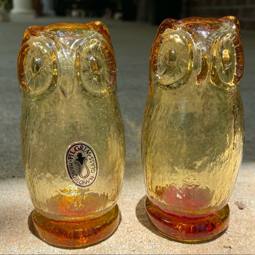 EUC Set of 2, Vintage MCM, Pilgrim Handblown Glass Amber Glass Hollow Owls